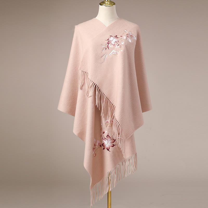 Buddha Stones Wool Shawl Pink White Flower Embroidery Tassel Winter Cozy Travel Scarf Wrap - PeachPuff - 200*60cm - image 1
