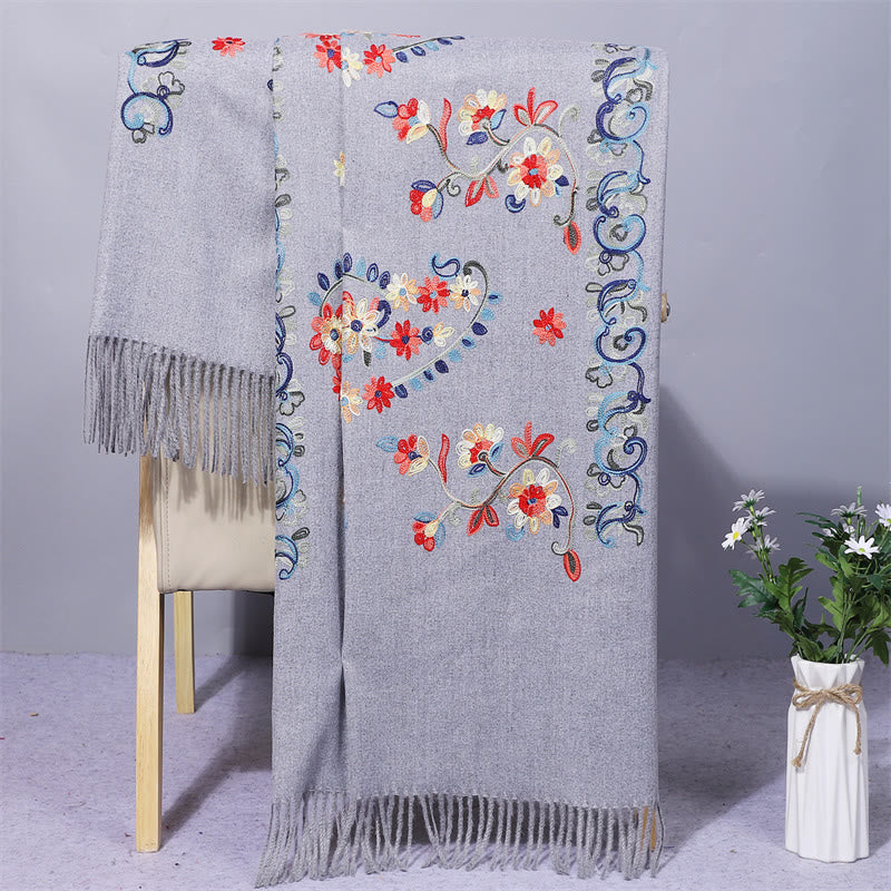 Buddha Stones Polyester Shawl Colorful Flower Ethnic Style Embroidery Tassel Winter Cozy Travel Scarf Wrap - LightGrey - 200*70cm - image 7
