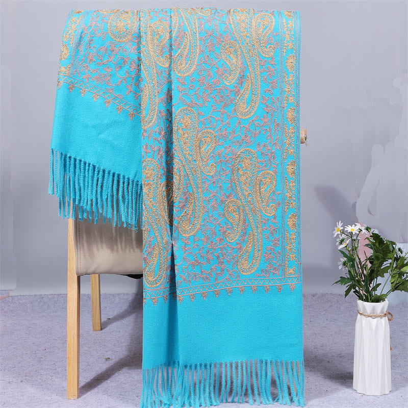 Buddha Stones Rayon Fabric Shawl Golden Cashew Flowers Embroidery Tassel Winter Cozy Travel Scarf Wrap - LightSkyBlue - 200*70cm - image 11