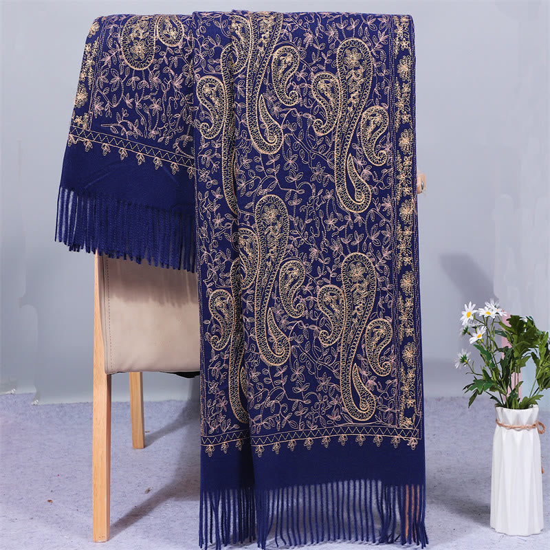 Buddha Stones Rayon Fabric Shawl Golden Cashew Flowers Embroidery Tassel Winter Cozy Travel Scarf Wrap - Navy - 200*70cm - image 5