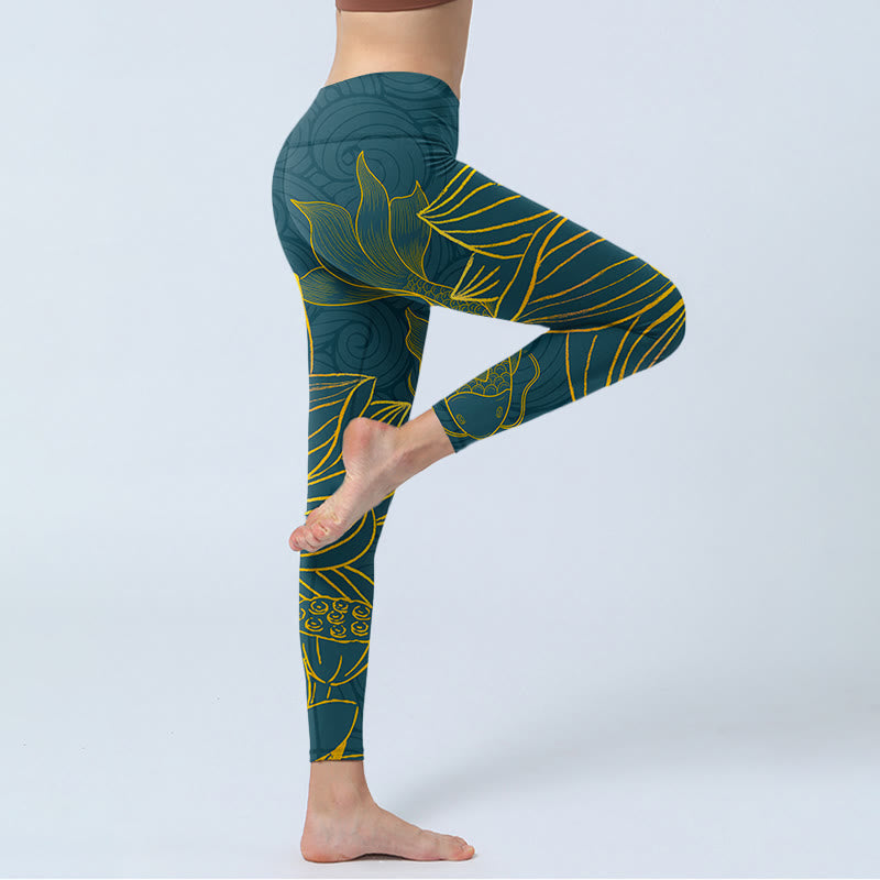 Buddha Stones Gray Golden Koi Fish Lotus Print Gym Leggings Women's Yoga Pants - image 5