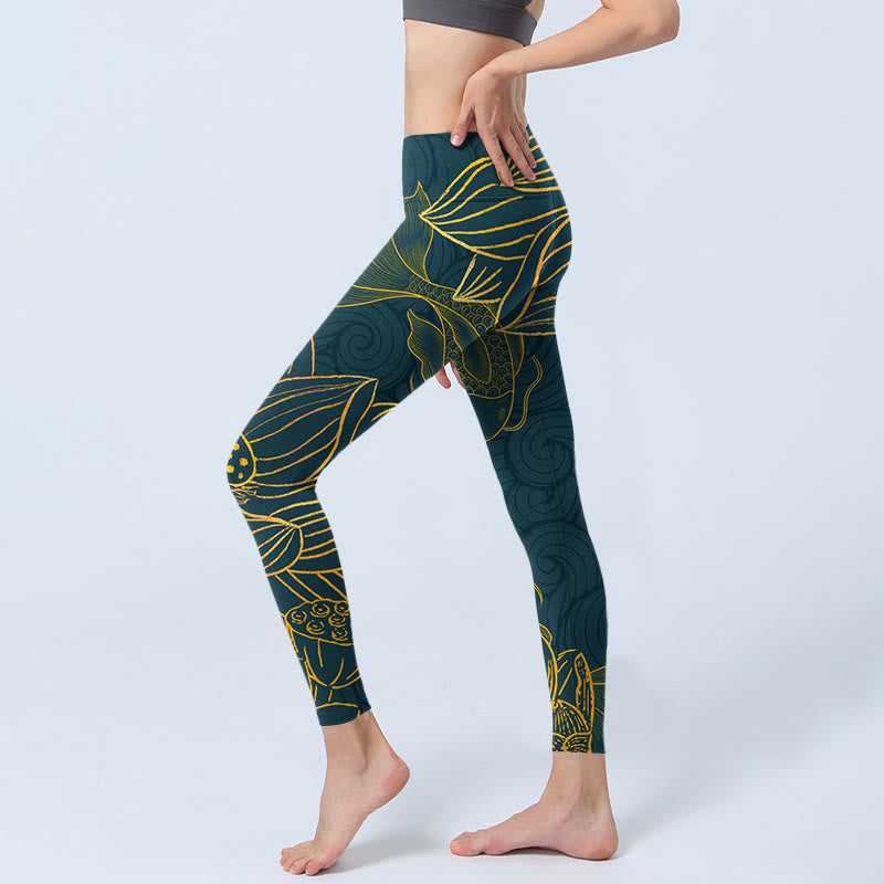 Buddha Stones Gray Golden Koi Fish Lotus Print Gym Leggings Women's Yoga Pants - image 4