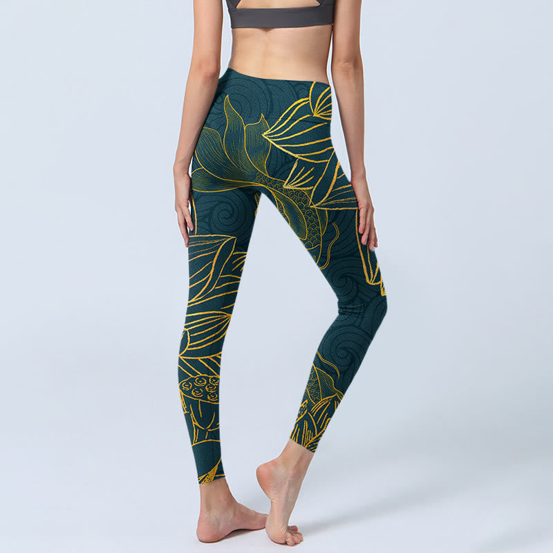 Buddha Stones Gray Golden Koi Fish Lotus Print Gym Leggings Women's Yoga Pants - image 6