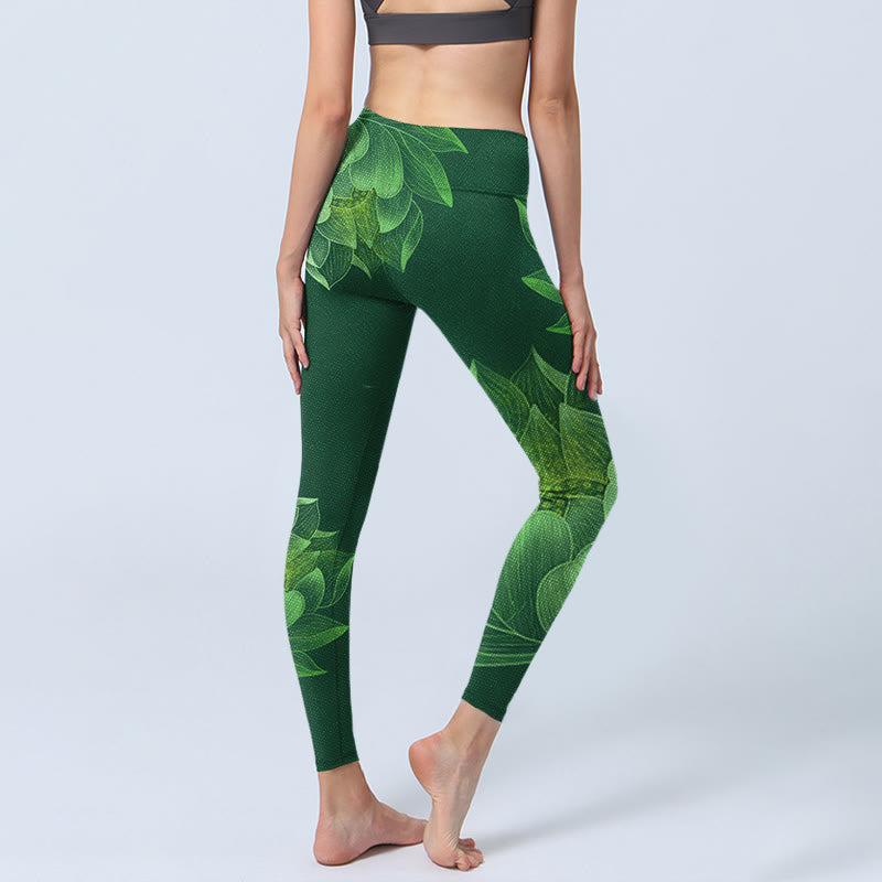 Buddha Stones Dark Green Lotus Flower Leaf Print Gym Fitness Leggings Women's Yoga Pants - image 6