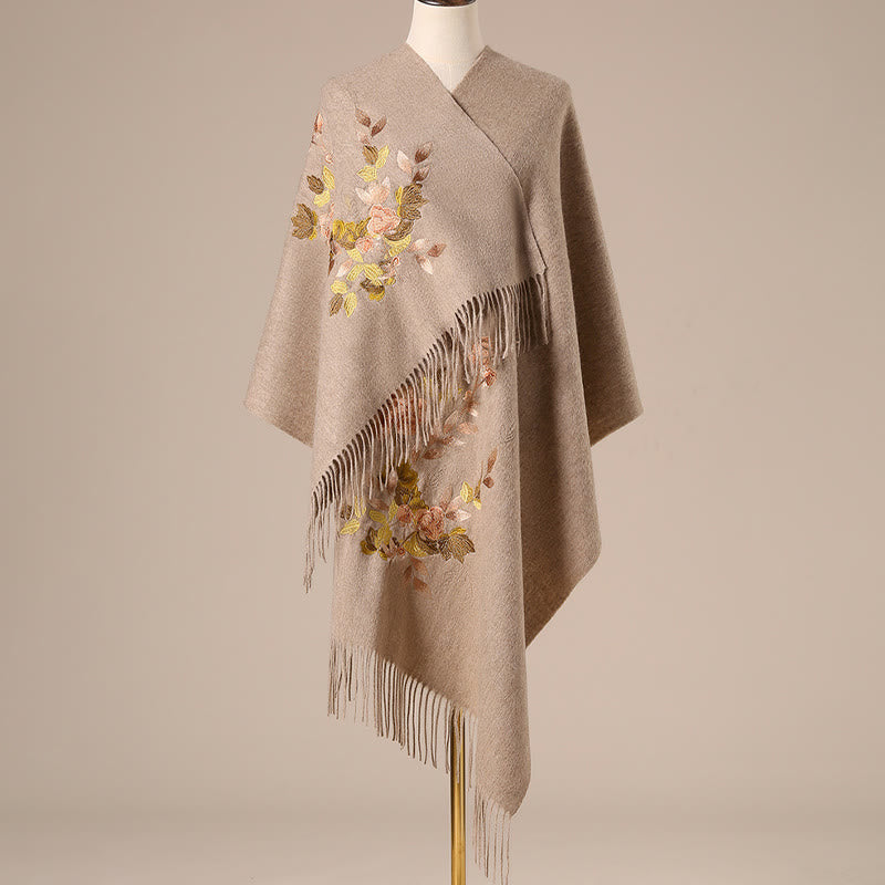 Buddha Stones Wool Shawl White Pink Flowers Golden Leaves Embroidery Tassel Winter Cozy Travel Scarf Wrap - Tan - 200*60cm - image 3
