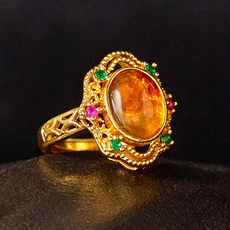 Foviel Flower Amber Hollow Lace Confidence Adjustable Ring