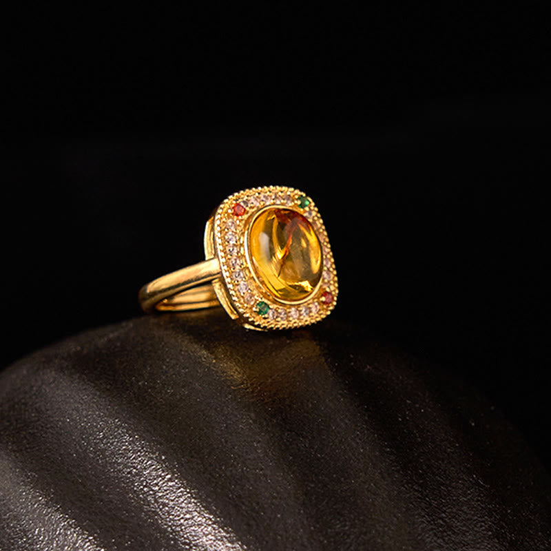 Buddha Stones Natural Amber Flower Square Support Full Diamond Confidence Ring Ring BS 9