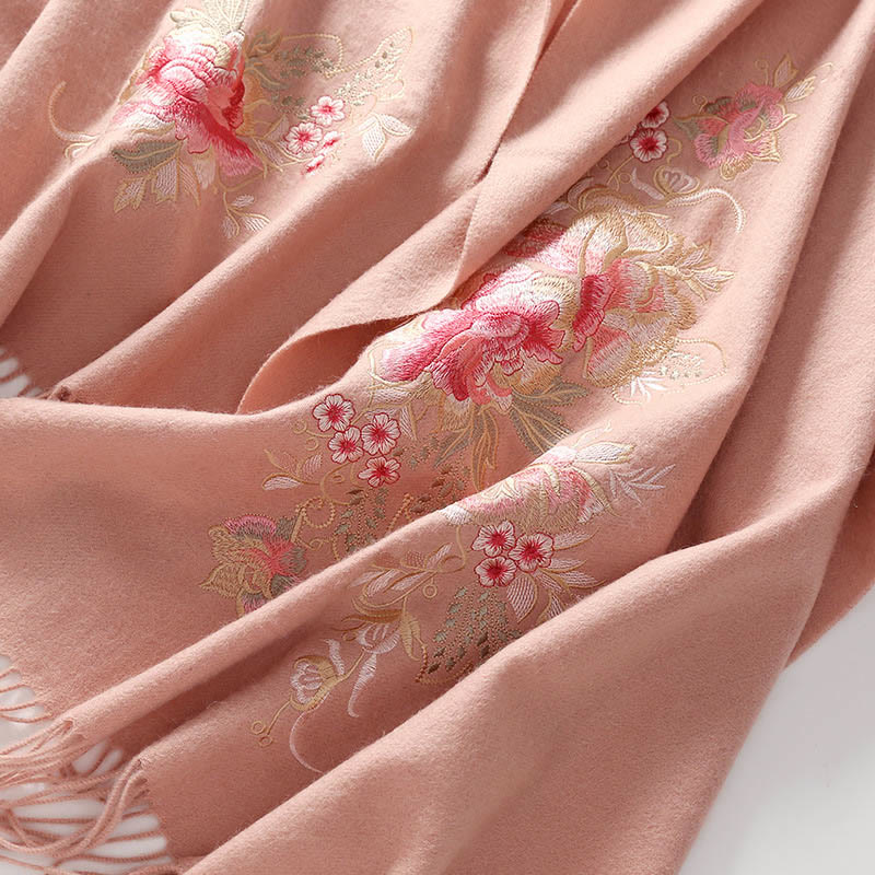Buddha Stones Wool Shawl Red Flower Leaves Embroidery Tassel Winter Cozy Travel Scarf Wrap - image 3