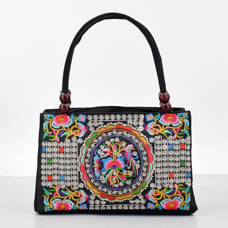 Buddha Stones Galsang Inula Flower Peony Peacock Double-Sided Embroidery Canvas Shopping Purse Handbag Handbags BS Inula Flower