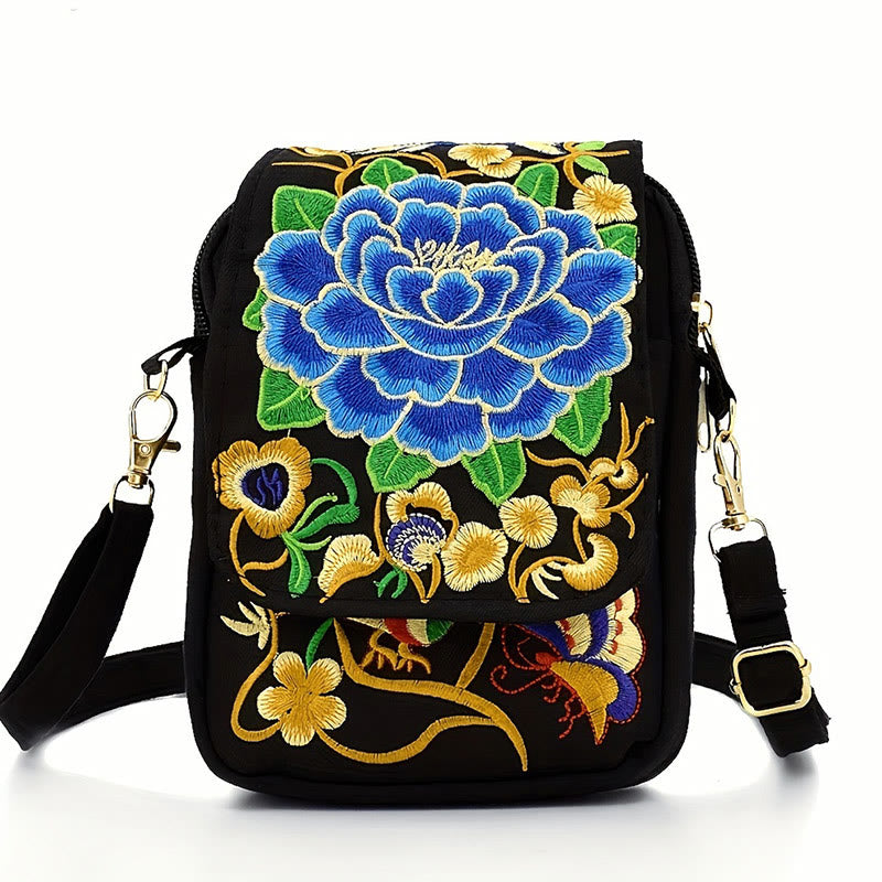 Buddha Stones Inula Flower Peony Embroidery Canvas Shopping Purse Handbag Crossbody Bag Crossbody Bag&Shoulder Bag BS Blue Peony