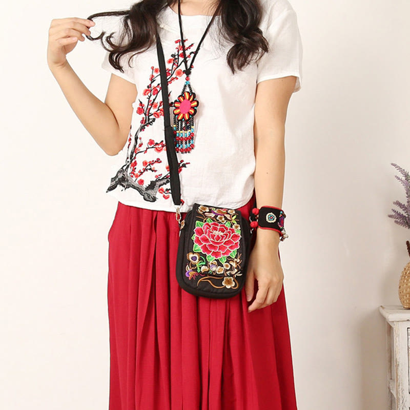 Buddha Stones Inula Flower Peony Embroidery Canvas Shopping Purse Handbag Crossbody Bag Crossbody Bag&Shoulder Bag BS 4