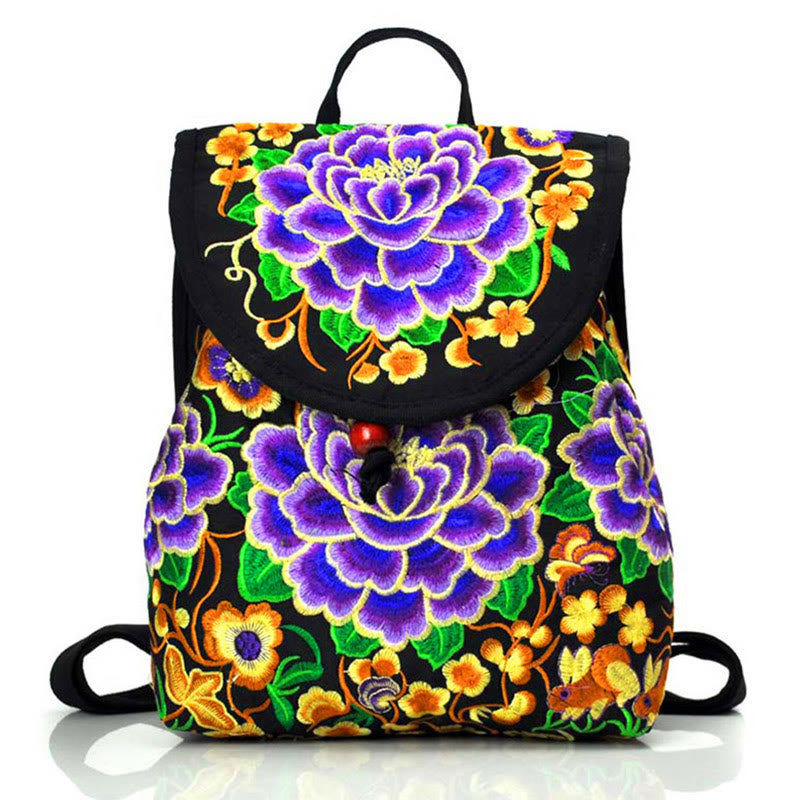 Buddha Stones Peony Chinese Money Tree Embroidery Canvas Backpack Backpack BS Purple Peony 21*11*25cm
