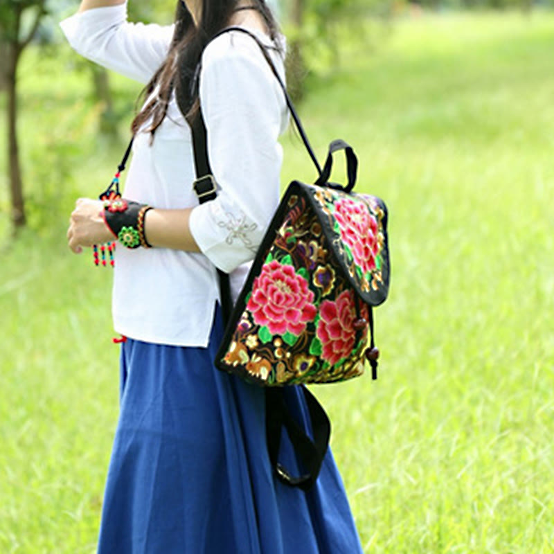 Buddha Stones Peony Chinese Money Tree Embroidery Canvas Backpack Backpack BS 15
