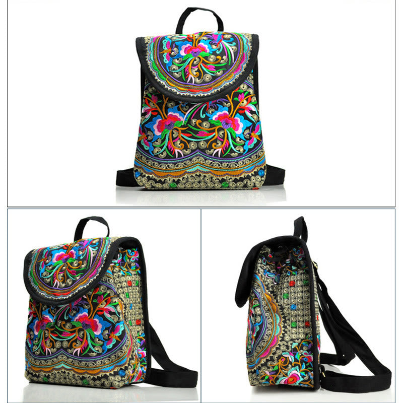 Buddha Stones Peony Chinese Money Tree Embroidery Canvas Backpack Backpack BS 7