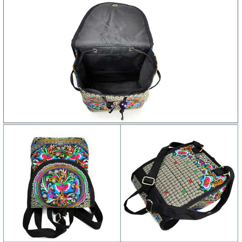 Buddha Stones Peony Chinese Money Tree Embroidery Canvas Backpack Backpack BS 9