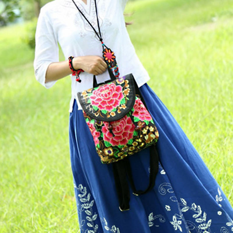 Buddha Stones Peony Chinese Money Tree Embroidery Canvas Backpack Backpack BS 14