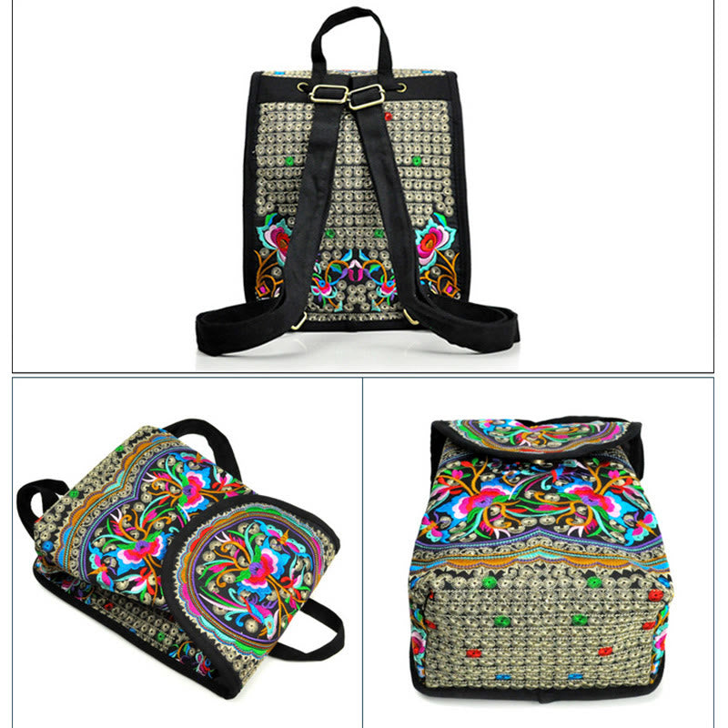 Buddha Stones Peony Chinese Money Tree Embroidery Canvas Backpack Backpack BS 8