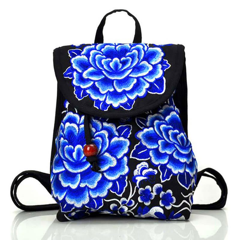 Buddha Stones Peony Chinese Money Tree Embroidery Canvas Backpack Backpack BS Blue Peony 21*11*25cm