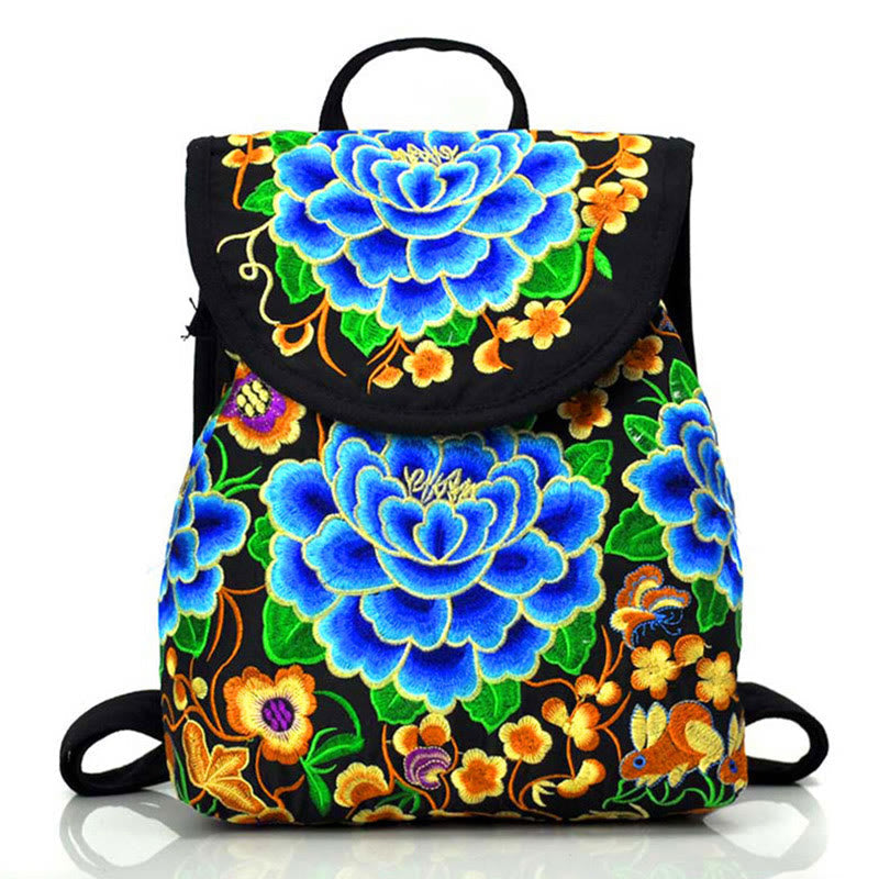Buddha Stones Peony Chinese Money Tree Embroidery Canvas Backpack Backpack BS DeepSkyBlue Peony 21*11*25cm