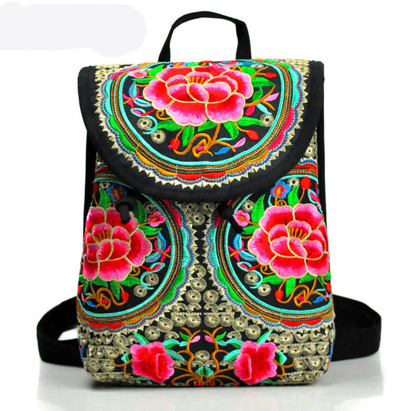 Buddha Stones Peony Chinese Money Tree Embroidery Canvas Backpack Backpack BS Small Red Peony 21*11*25cm