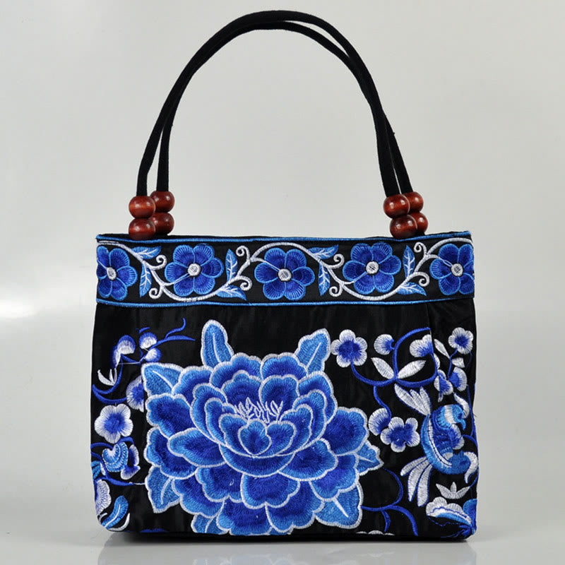 Buddha Stones Money Tree Peony Phoenix Apple Blossom Double-Sided Embroidery Cotton Canvas Shopping Purse Handbag Shoulder Bag&Handbags BS Blue White Peony