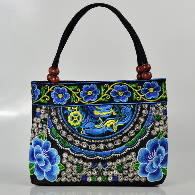 Buddha Stones Money Tree Peony Phoenix Apple Blossom Double-Sided Embroidery Cotton Canvas Shopping Purse Handbag Shoulder Bag&Handbags BS Blue Apple Blossom