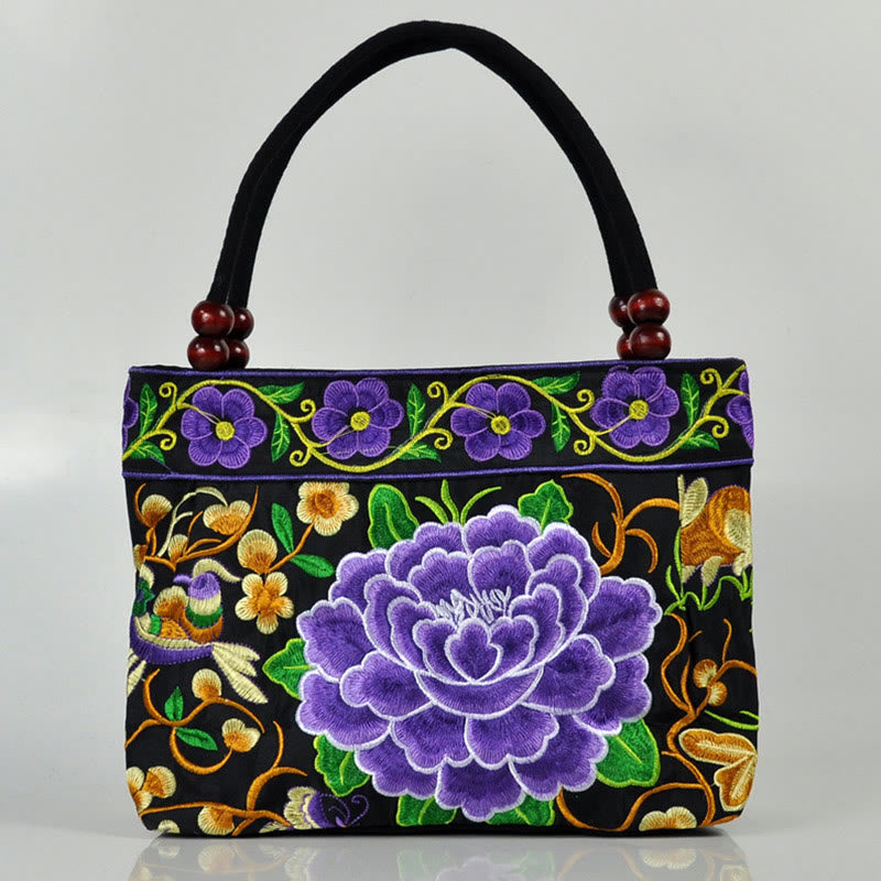 Buddha Stones Money Tree Peony Phoenix Apple Blossom Double-Sided Embroidery Cotton Canvas Shopping Purse Handbag Shoulder Bag&Handbags BS Purple Peony