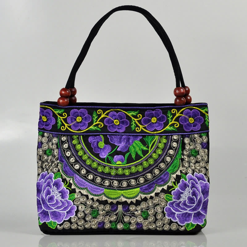 Buddha Stones Money Tree Peony Phoenix Apple Blossom Double-Sided Embroidery Cotton Canvas Shopping Purse Handbag Shoulder Bag&Handbags BS Small Purple Peony