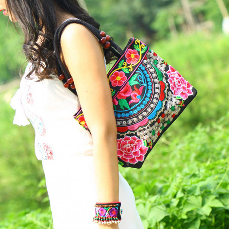 Buddha Stones Money Tree Peony Phoenix Apple Blossom Double-Sided Embroidery Cotton Canvas Shopping Purse Handbag Shoulder Bag&Handbags BS 3