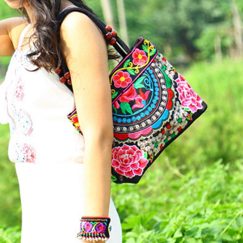 Buddha Stones Money Tree Peony Phoenix Apple Blossom Double-Sided Embroidery Cotton Canvas Shopping Purse Handbag Shoulder Bag&Handbags BS 4
