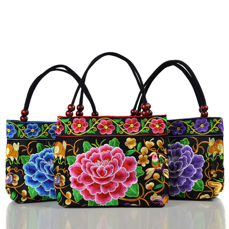 Buddha Stones Money Tree Peony Phoenix Apple Blossom Double-Sided Embroidery Cotton Canvas Shopping Purse Handbag Shoulder Bag&Handbags BS 24