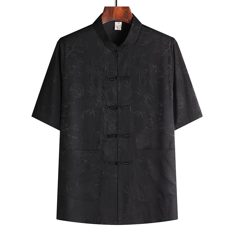 Buddha Stones Bamboo Peach Blossom Tang Suit Hanfu Traditional Uniform Short Sleeve Top Pants Clothing Men's Set - Black Top - US/UK/AU42,EU52 (3XL) - image 8