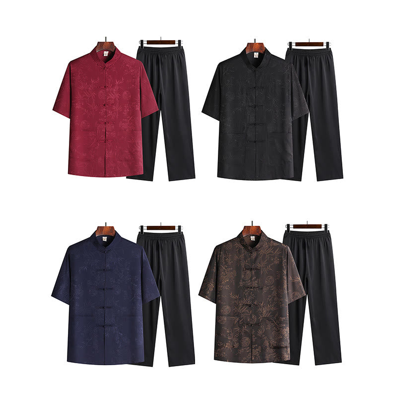 Buddha Stones Bamboo Peach Blossom Tang Suit Hanfu Traditional Uniform Short Sleeve Top Pants Clothing Men's Set - image 13