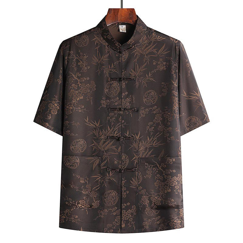 Buddha Stones Bamboo Peach Blossom Tang Suit Hanfu Traditional Uniform Short Sleeve Top Pants Clothing Men's Set - Brown Top - US/UK/AU42,EU52 (3XL) - image 5