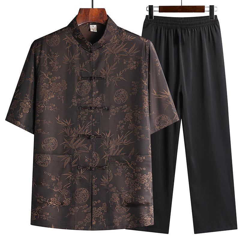 Buddha Stones Bamboo Peach Blossom Tang Suit Hanfu Traditional Uniform Short Sleeve Top Pants Clothing Men's Set - Brown(Top&Pants) - US/UK/AU42,EU52 (3XL) - image 0