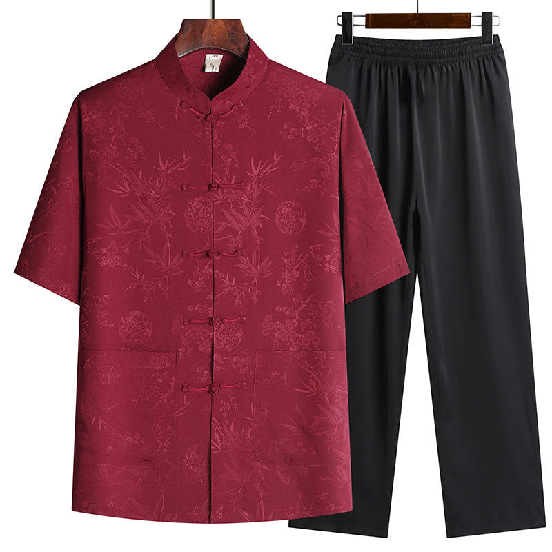 Buddha Stones Bamboo Peach Blossom Tang Suit Hanfu Traditional Uniform Short Sleeve Top Pants Clothing Men's Set - Red(Top&Pants) - US/UK/AU42,EU52 (3XL) - image 1