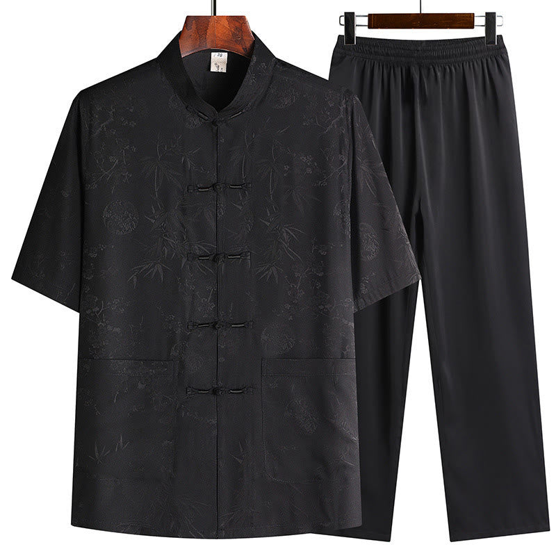Buddha Stones Bamboo Peach Blossom Tang Suit Hanfu Traditional Uniform Short Sleeve Top Pants Clothing Men's Set - Black(Top&Pants) - US/UK/AU42,EU52 (3XL) - image 2
