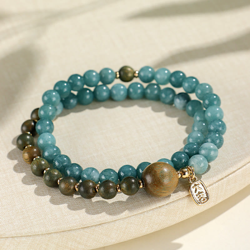 Foviel Blue Chalcedony Green Sandalwood Small Leaf Red Sandalwood Double Wrap Emotional Balance Bracelet