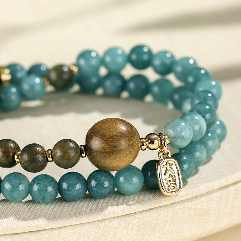 Foviel Blue Chalcedony Green Sandalwood Small Leaf Red Sandalwood Double Wrap Emotional Balance Bracelet