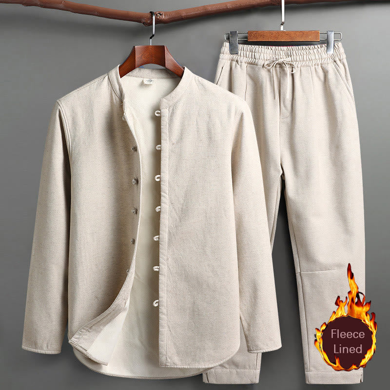 Buddha Stones Solid Tang Suit Traditional Fleece Lined Uniform Long Sleeve Top Pants Men's Set - Linen - Top&Pants - US/UK/AU46,EU56 (5XL) - image 0