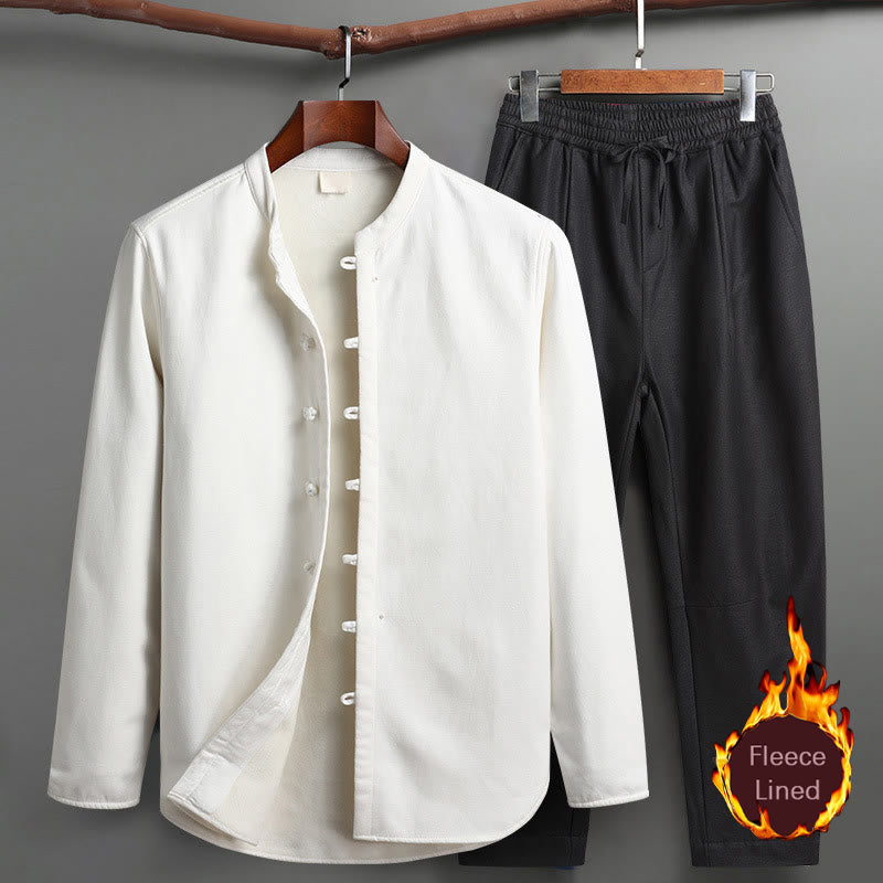 Buddha Stones Solid Tang Suit Traditional Fleece Lined Uniform Long Sleeve Top Pants Men's Set - White - Top&Pants - US/UK/AU46,EU56 (5XL) - image 17