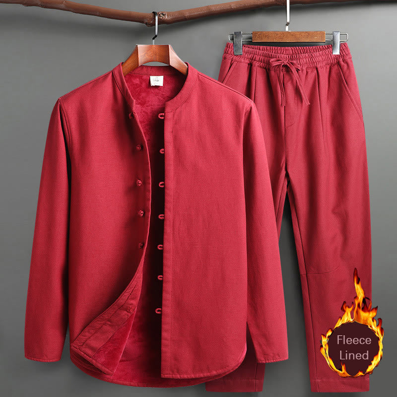 Buddha Stones Solid Tang Suit Traditional Fleece Lined Uniform Long Sleeve Top Pants Men's Set - Red - Top&Pants - US/UK/AU46,EU56 (5XL) - image 19