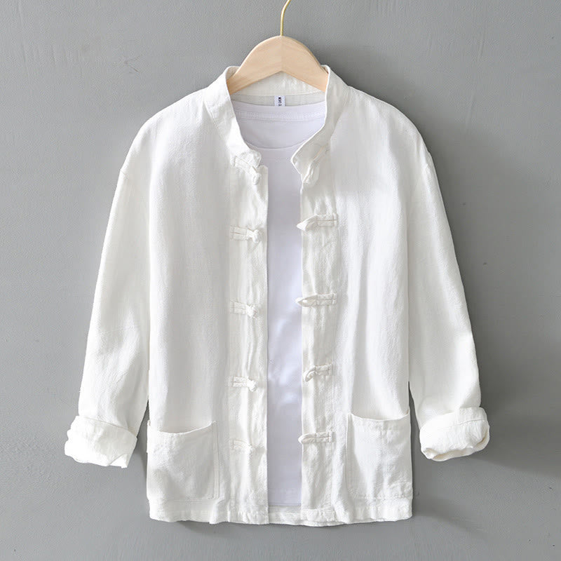 Buddha Stones Frog-Button Chinese Tang Suit Cotton Linen Men Shirt With Pockets - White - US/UK/AU50,EU60 (5XL) - image 7