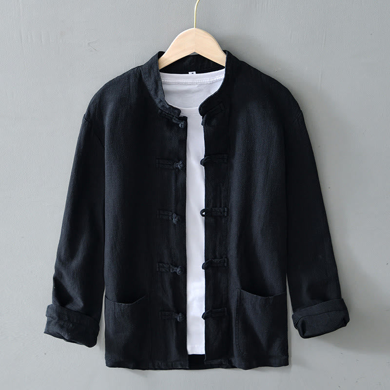 Buddha Stones Frog-Button Chinese Tang Suit Cotton Linen Men Shirt With Pockets - Black - US/UK/AU50,EU60 (5XL) - image 14