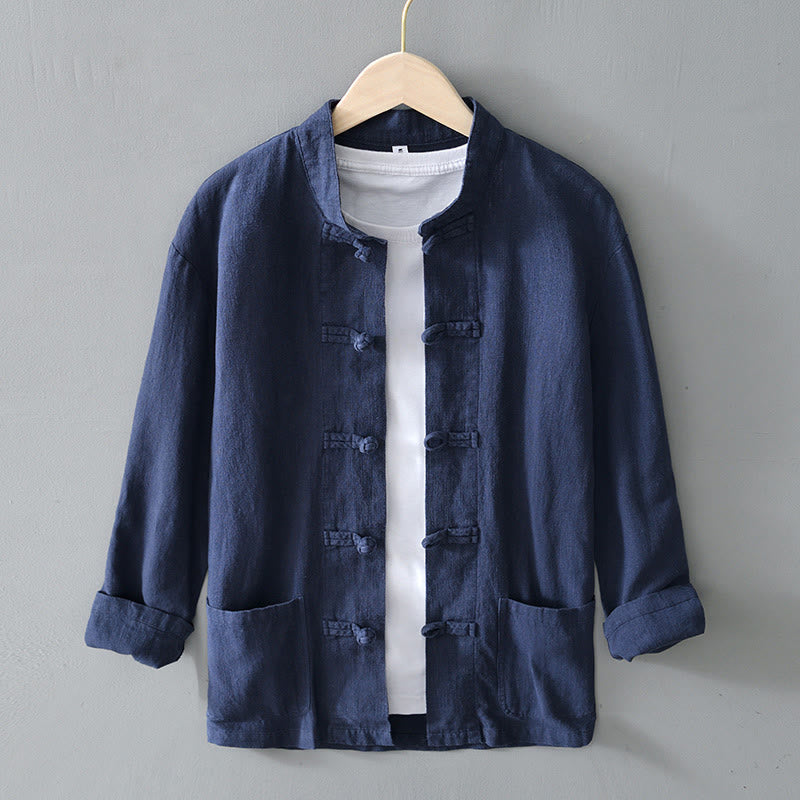Buddha Stones Frog-Button Chinese Tang Suit Cotton Linen Men Shirt With Pockets - SteelBlue - US/UK/AU50,EU60 (5XL) - image 29