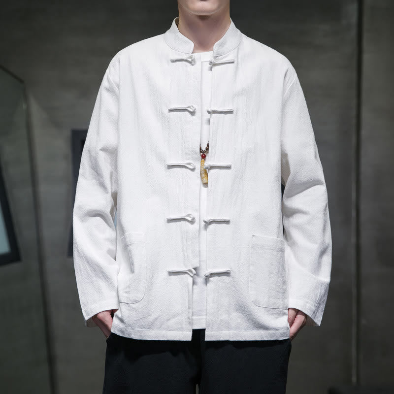 Buddha Stones Simple Frog-Button Chinese Tang Suit Cotton Men Jacket Shirt With Pockets - White - US/UK/AU46,EU56 (5XL) - image 0