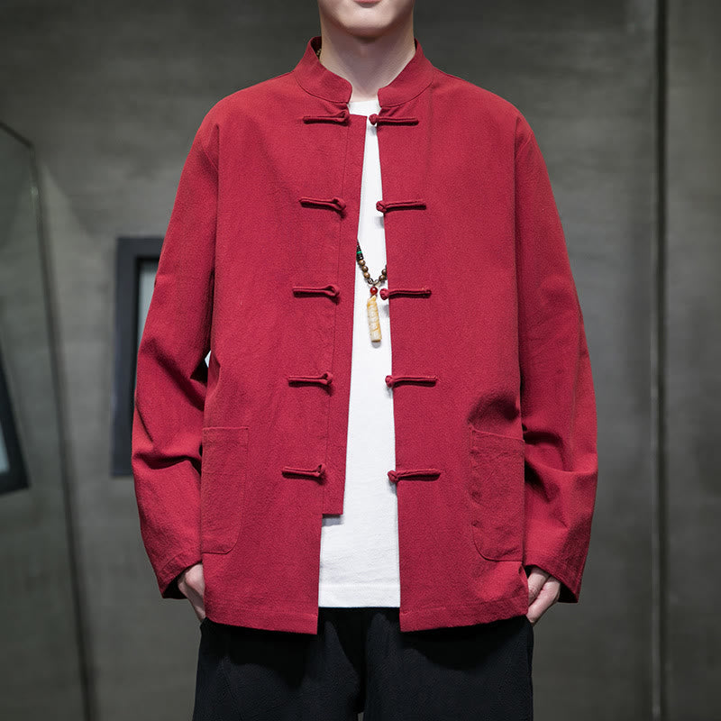 Buddha Stones Simple Frog-Button Chinese Tang Suit Cotton Men Jacket Shirt With Pockets - Red - US/UK/AU46,EU56 (5XL) - image 36