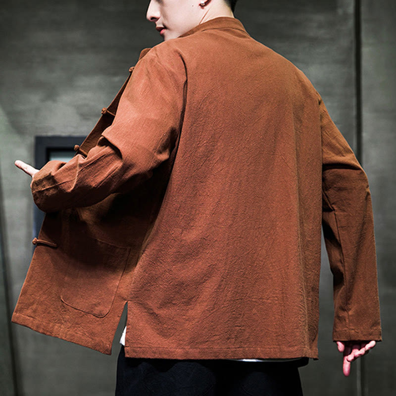 Buddha Stones Simple Frog-Button Chinese Tang Suit Cotton Men Jacket Shirt With Pockets - image 26