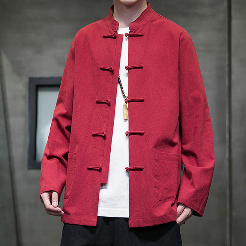Buddha Stones Simple Frog-Button Chinese Tang Suit Cotton Men Jacket Shirt With Pockets - image 37