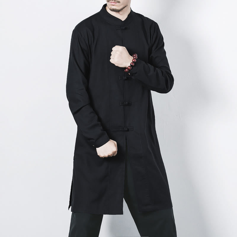 Buddha Stones Fall Simple Frog-Button Linen Men's Mid-length Coat Zen Clothing - Black - US/UK/AU46,EU56 (5XL) - image 16